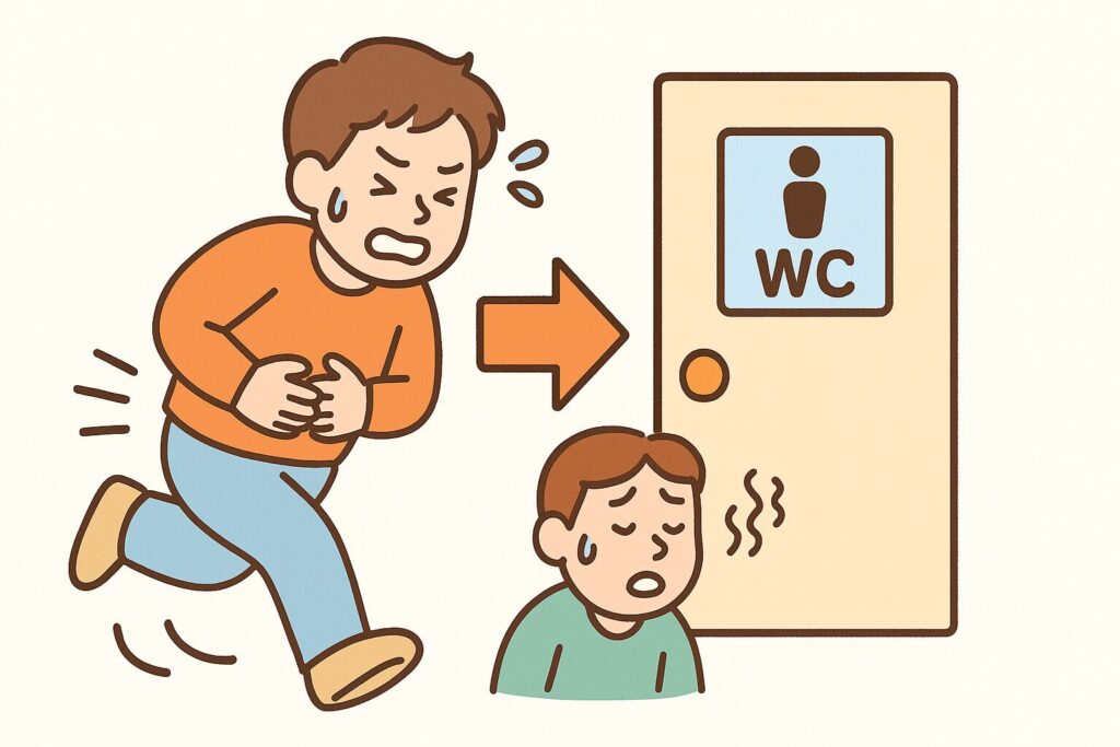 お腹を押さえながらトイレへ駆け込む人物のイラスト(腹痛・下痢の緊急度をコミカルに表現)