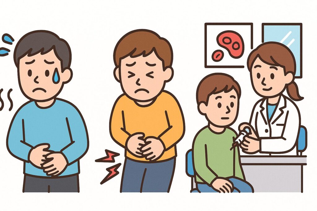 汗をかく人物、腹痛でお腹を押さえる人物、病院で検査を受ける場面の3カットを並べたイラスト