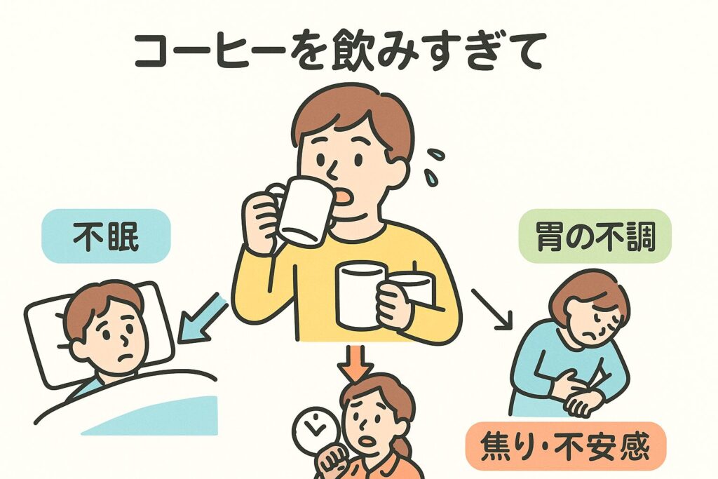 コーヒーを飲みすぎている人物を中心に、3方向に分かれて『不眠』『胃の不調』『焦り・不安感』の症状がイラストで示されている図解