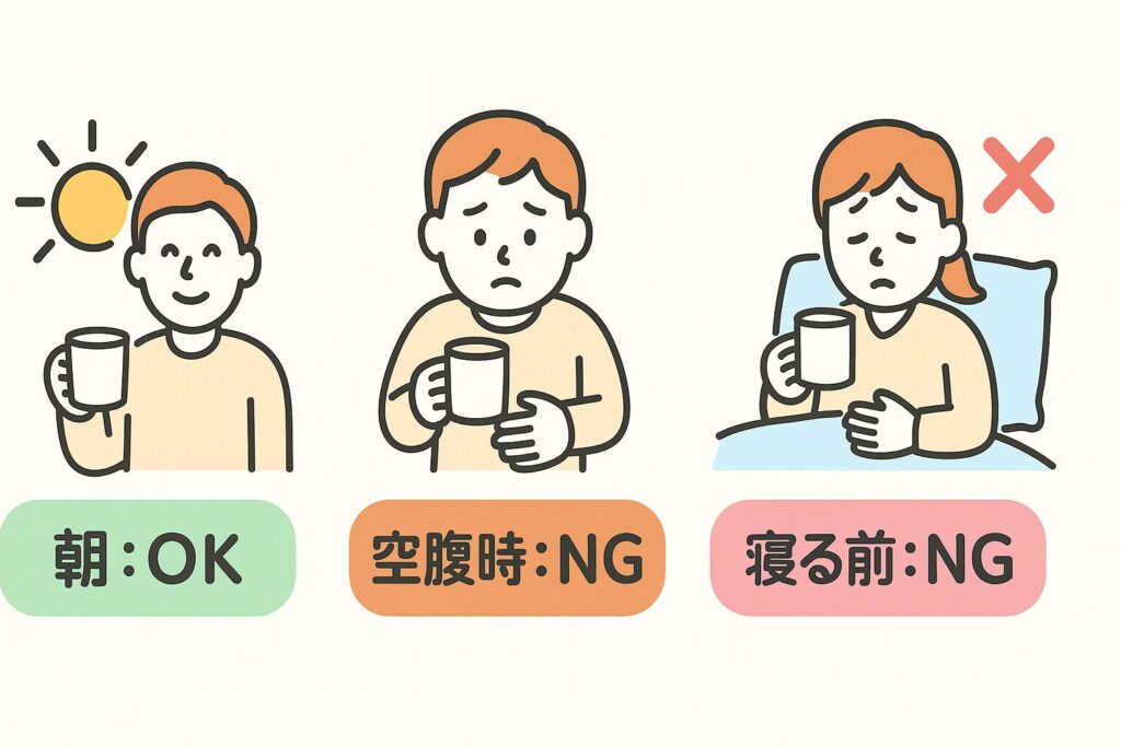 コーヒーを飲むタイミングを示す図解。左から「朝:OK」「空腹時:NG」「寝る前:NG」をパステル調のイラストで表現。
