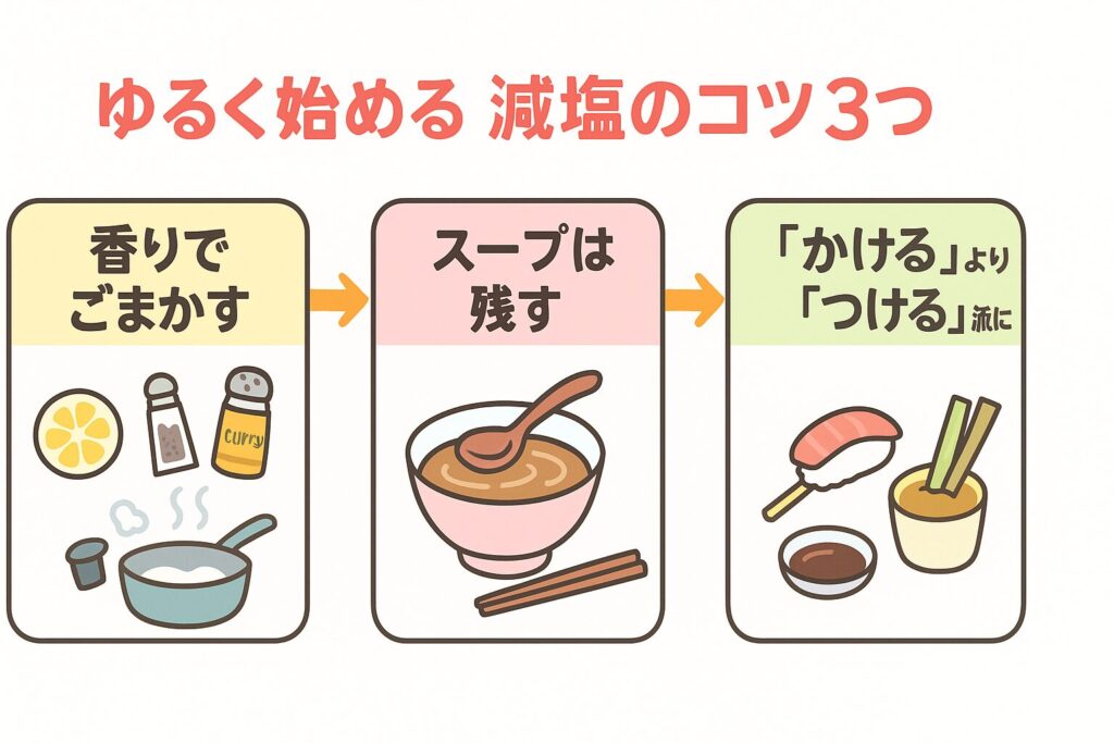 「ゆるく始める 減塩のコツ3つ」の図解:①香りでごまかす ②スープは残す ③「かける」より「つける」派に