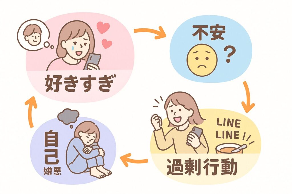 「好きすぎ」→「不安」→「過剰行動」→「自己嫌悪」と時計回りに巡る感情ループ図(ハート・LINE連投・曇り空などのアイコン入り)