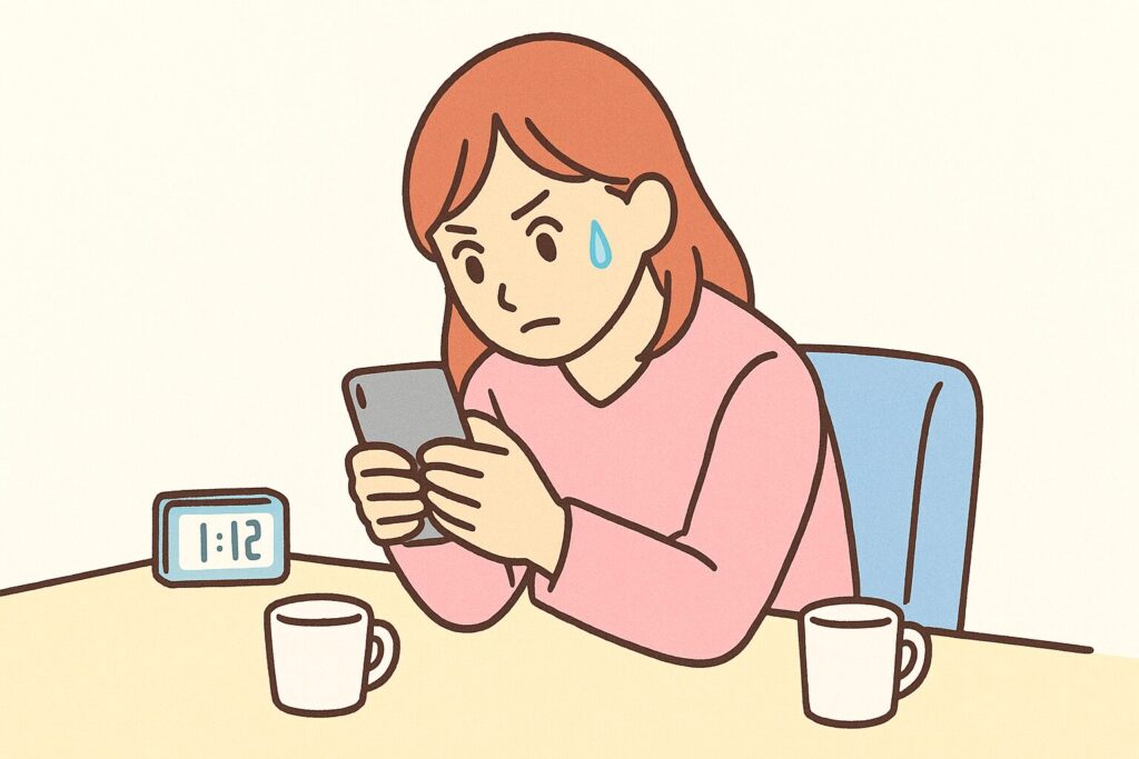 深夜にスマホ画面を凝視し、焦りの汗をにじませる女性のイラスト(パステル調)