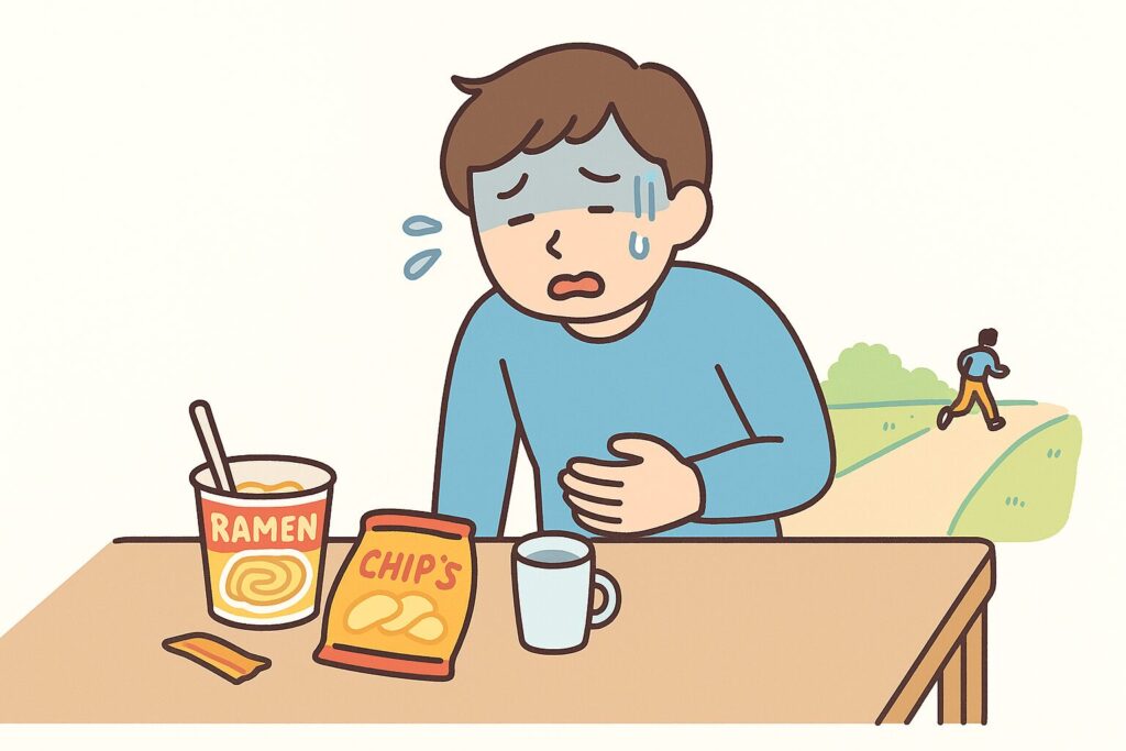 カップラーメンとポテトチップスを食べ終え、青ざめた顔で後悔する人物のイラスト