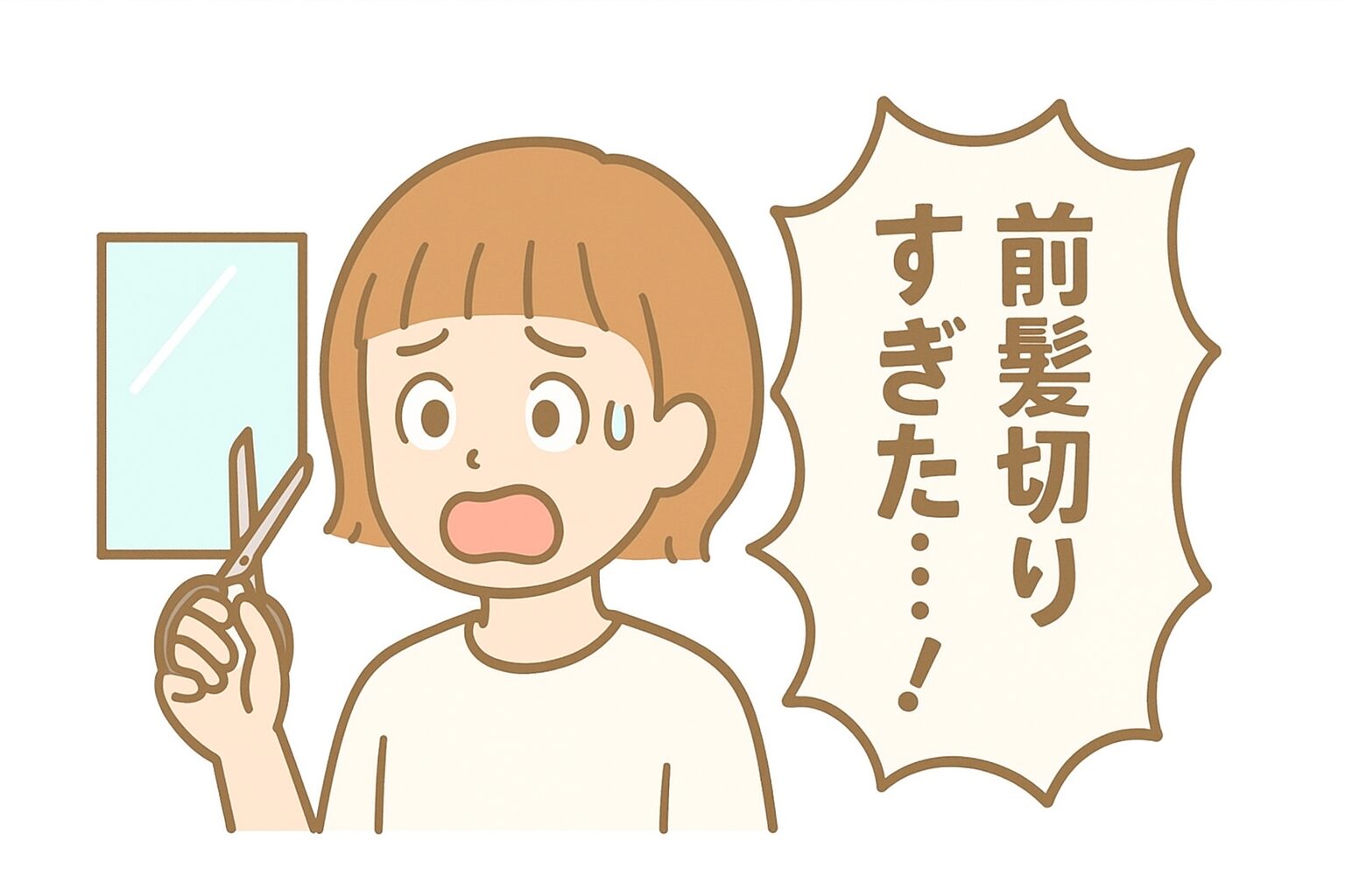 前髪を切りすぎて驚く中性的な人物が鏡を見ながらハサミを持ち、吹き出しで「前髪切りすぎた……！」とショックを表現するポップなイラスト