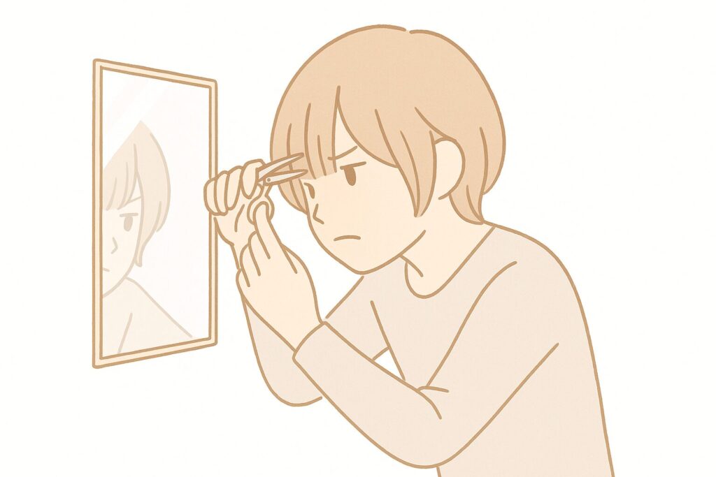 白背景に、鏡をのぞき込みながら前髪を慎重に切ろうとする中性的な人物。片手で髪を整え、もう一方の手でハサミを構え、真剣な表情で集中している様子を柔らかな色合いで描いたイラスト