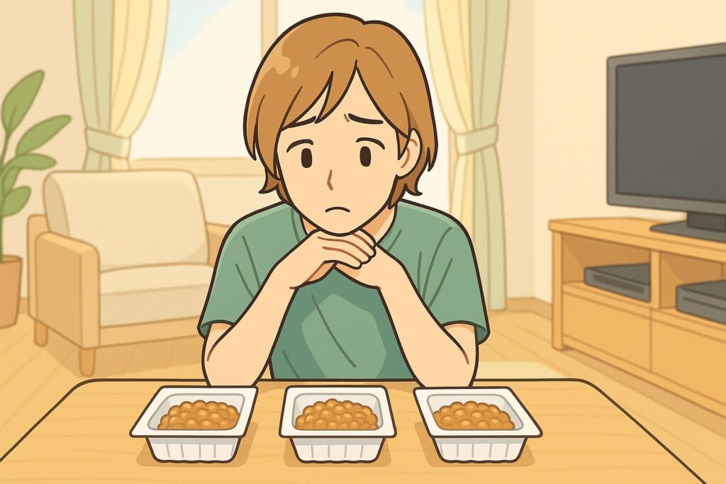 テーブルに並べた3パックの納豆を見つめて悩む人物のイラスト