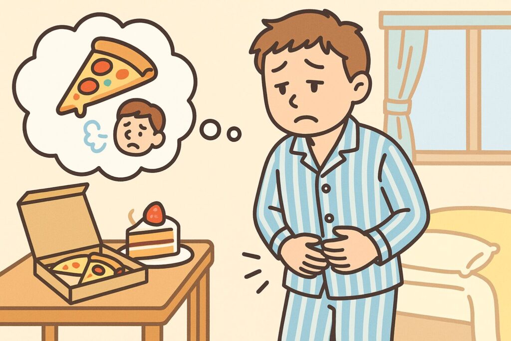 前日に食べすぎた翌朝、お腹をさすりながら後悔するパジャマ姿の人物のイラスト(テーブルには食べ残しのピザとケーキ)