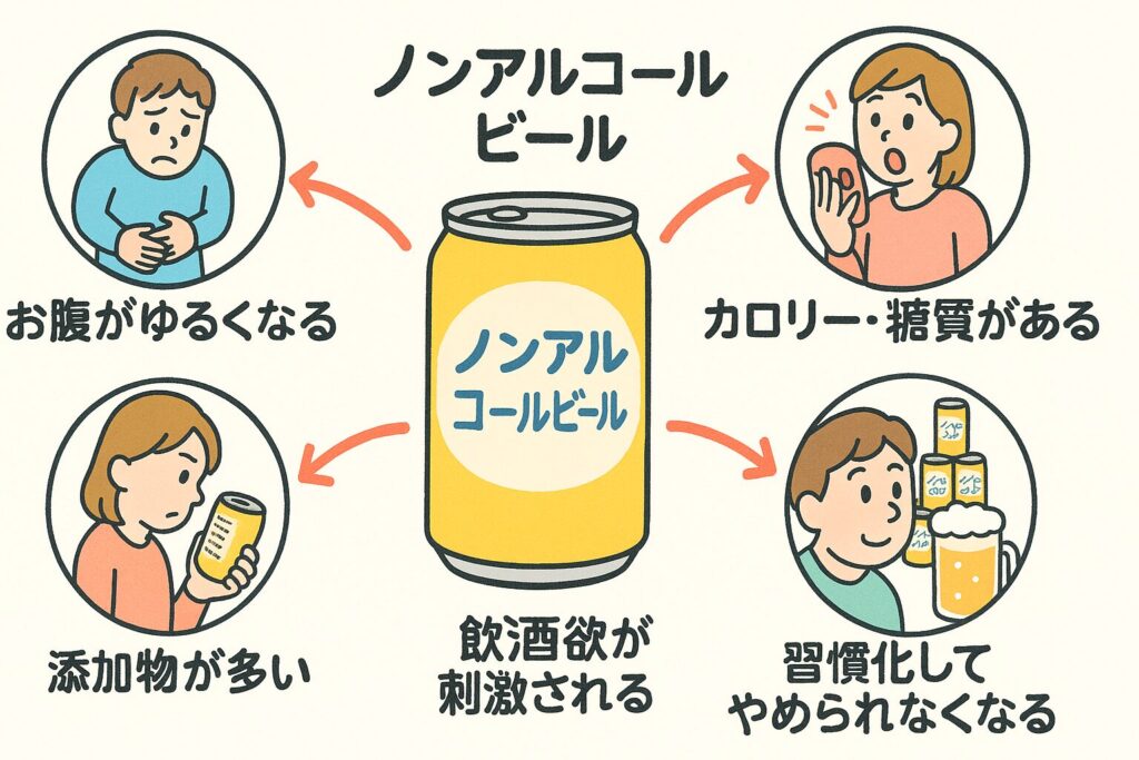 中央にノンアルコールビール缶があり、赤い矢印で 5 つのリスク(お腹がゆるくなる・カロリー・糖質がある・添加物が多い・飲酒欲が刺激される・習慣化してやめられない)へ繋がる図解