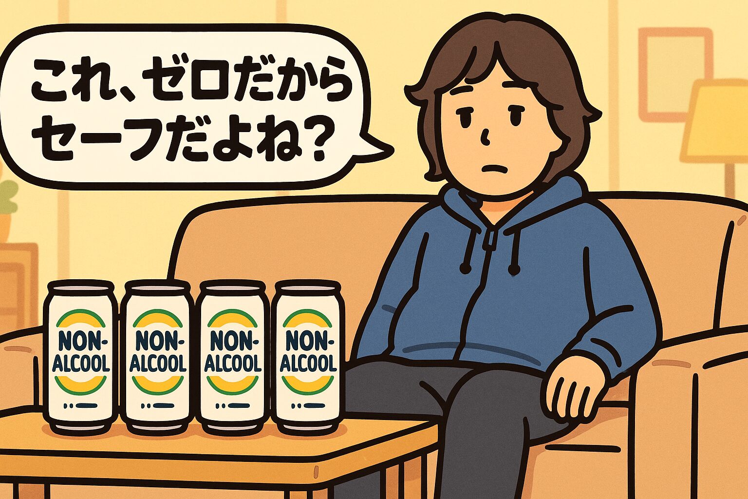 ソファに座ってノンアル缶を4本並べ、「これ、ゼロだからセーフだよね？」とつぶやく人物