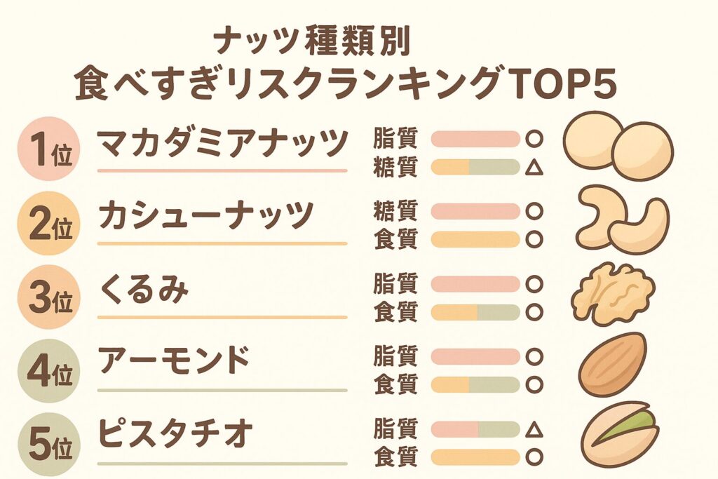 ナッツ種類別 食べすぎリスクランキングTOP5(マカダミア・カシューナッツ・くるみ・アーモンド・ピスタチオの脂質・糖質・食べやすさを比較したインフォグラフィック)