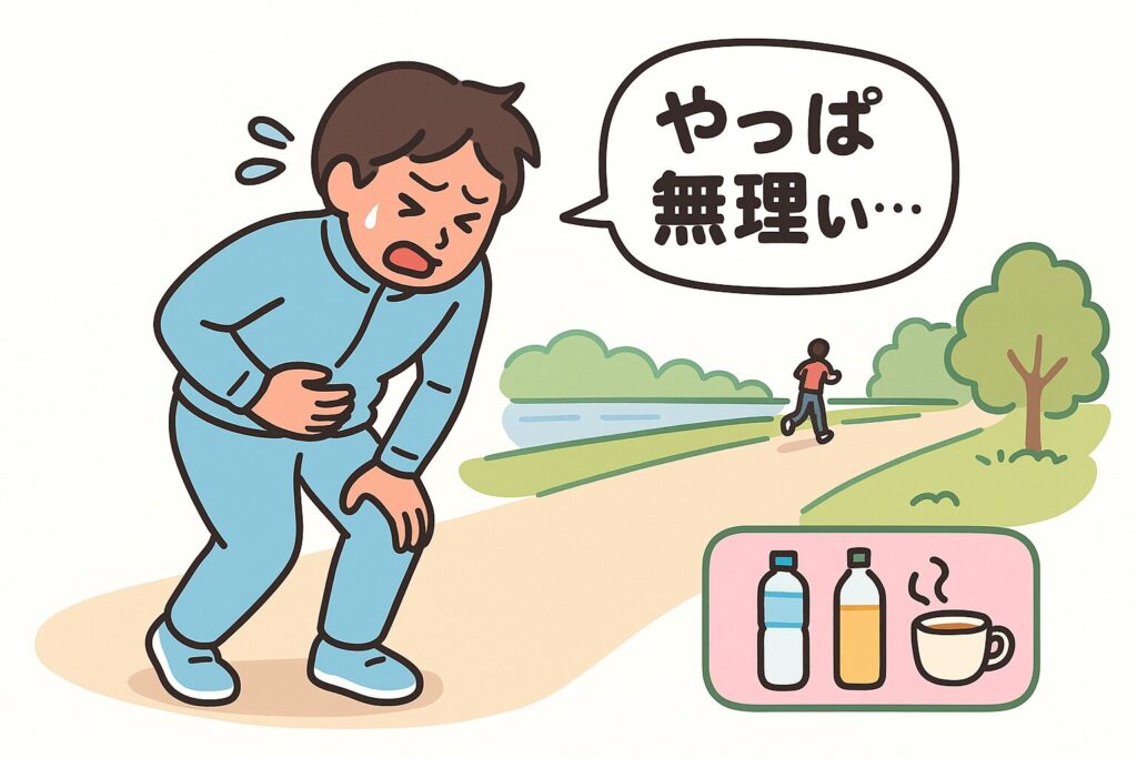 走り始めた直後に腹痛で前かがみになり「やっぱ無理ぃ…」とつぶやくジャージ姿の人物のイラスト(遠景に走り続ける人)