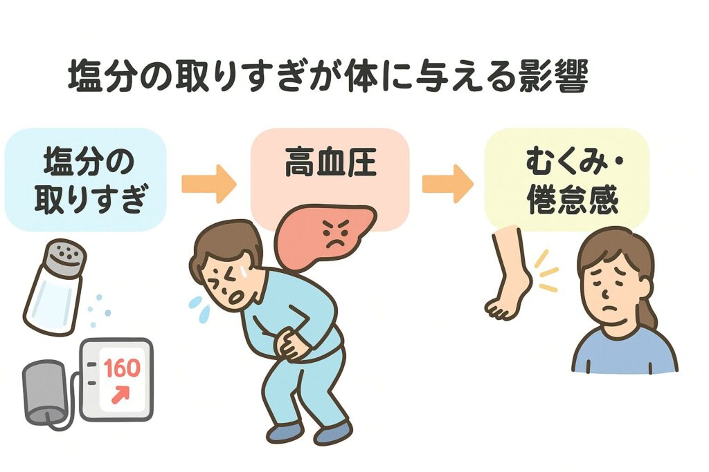 「塩分の取りすぎ」から高血圧→血管への負担→むくみ・倦怠感へと矢印で進むフロー図