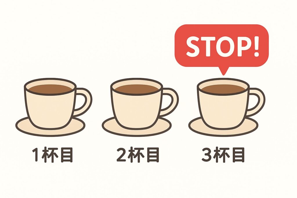 1杯目、2杯目、3杯目と並ぶコーヒーカップのイラスト。3杯目の上に『STOP!』の赤い吹き出しが表示され、飲みすぎへの注意を促している。