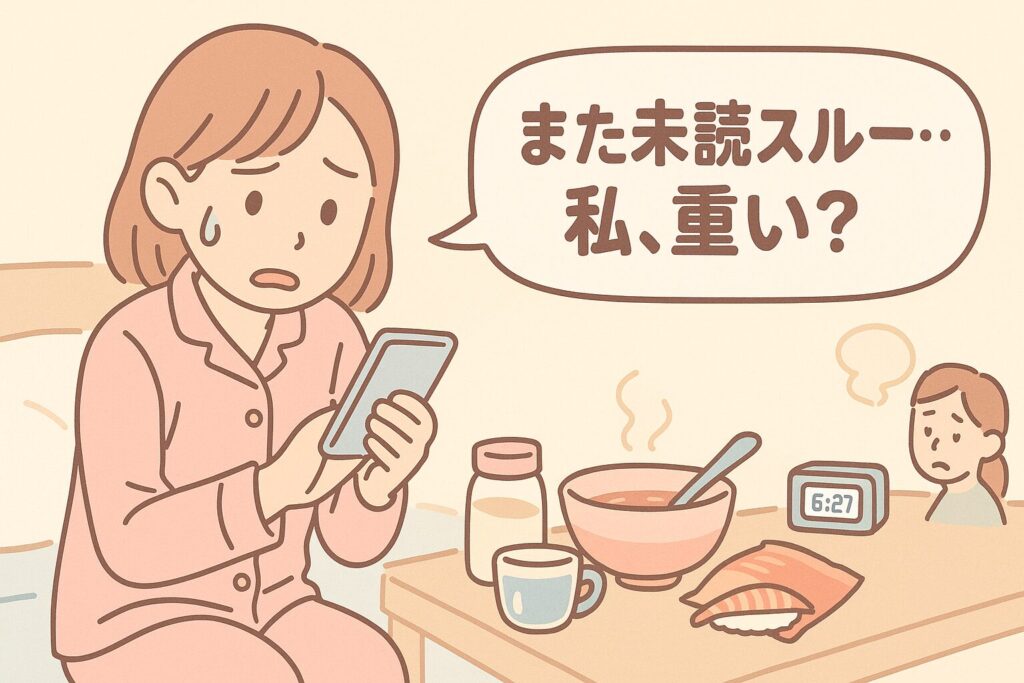 パジャマ姿でベッドに座り、スマホを見て「また未読スルー…私、重い?」と不安げにつぶやく若い女性のイラスト