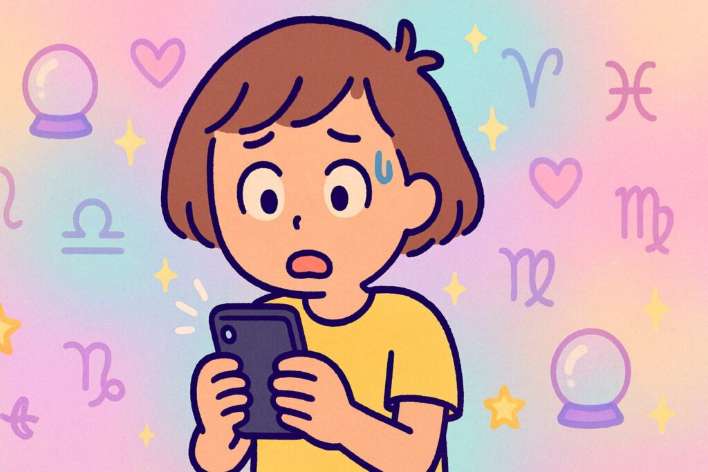 スマホで明日の占い結果を見て「えっ…当たりすぎじゃない?」と驚き困惑する性別不明のキャラクター。パステルカラーの背景に星座アイコンや水晶玉、ハートが散りばめられたポップな手描き風イラスト