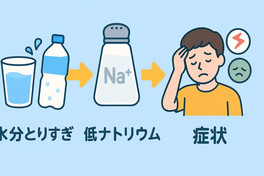 水分とりすぎ → 低ナトリウム → 症状」の順に、コップ&ペットボトル → Na⁺が薄い塩マーク → 頭痛・吐き気でつらそうな人物を、太めの黄色矢印で左から右へつないだフラットデザイン