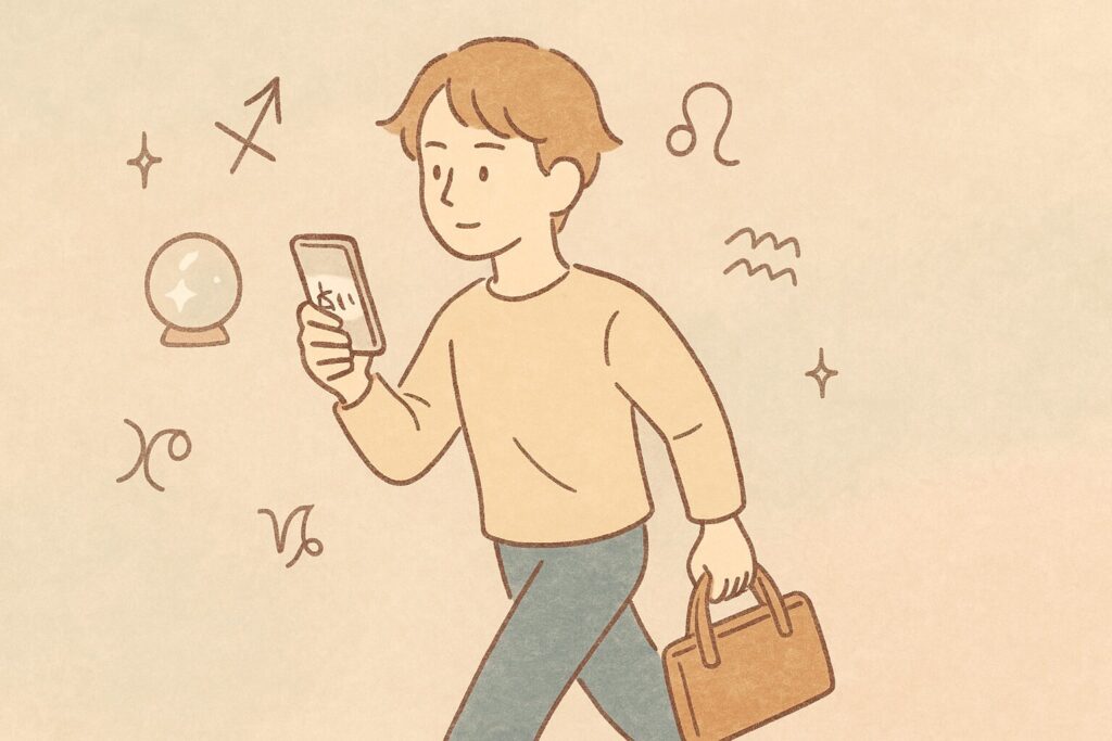 占いサイトをスマホでチェックしながらも前向きに歩き出す中性的な人物イラスト