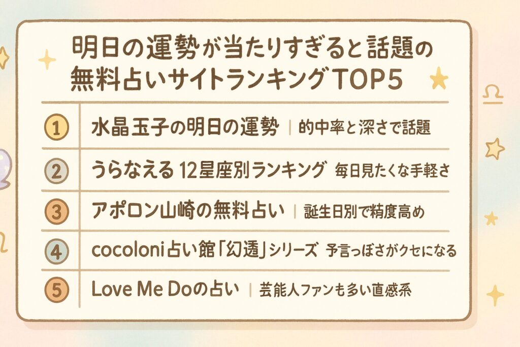 手描き風ボードに「明日の運勢が当たりすぎる」と話題の無料占いサイトTOP5(水晶玉子、うらなえる、アポロン山崎、cocoloni占い館“幻透”、Love Me Do)をランキング形式で並べた図解。パステル背景に星座アイコンや水晶玉が散りばめられたイラスト
