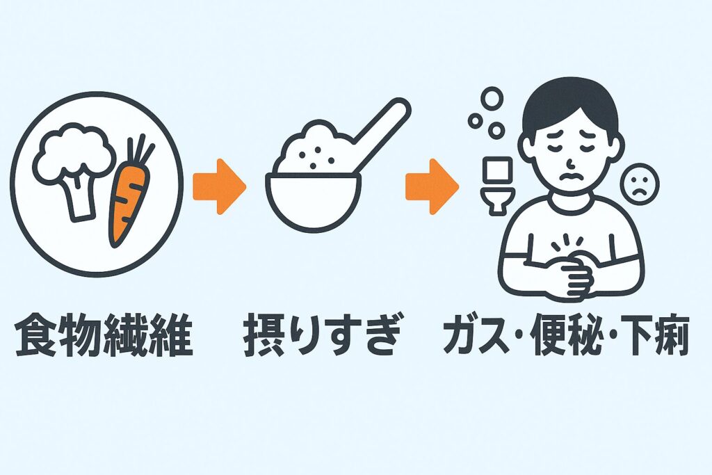 食物繊維 → 摂りすぎ → ガス・便秘・下痢 を示す3ステップの横長インフォグラフィック
