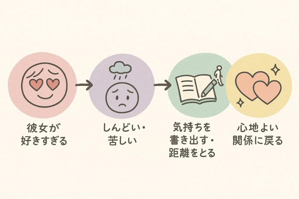 「彼女が好きすぎる → しんどい・苦しい → 気持ちを書き出す・距離をとる → 心地よい関係に戻る」の4ステップを pastel カラーの手描き円と矢印で示した図解