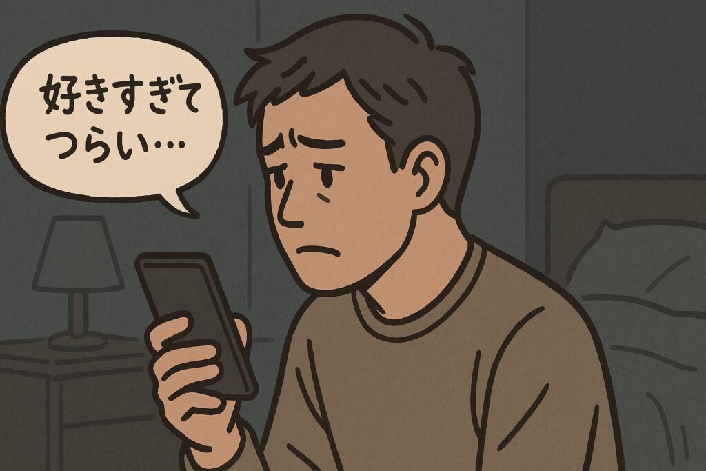 スマホを見つめながら「好きすぎてつらい…」と悩む男性の横顔イラスト