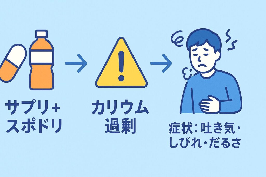 「サプリ+スポドリ」→黄色い警告アイコンで示す「カリウム過剰」→吐き気・しびれ・だるさを訴える人物、という3段階の流れを矢印でつないだフラットデザインの図解