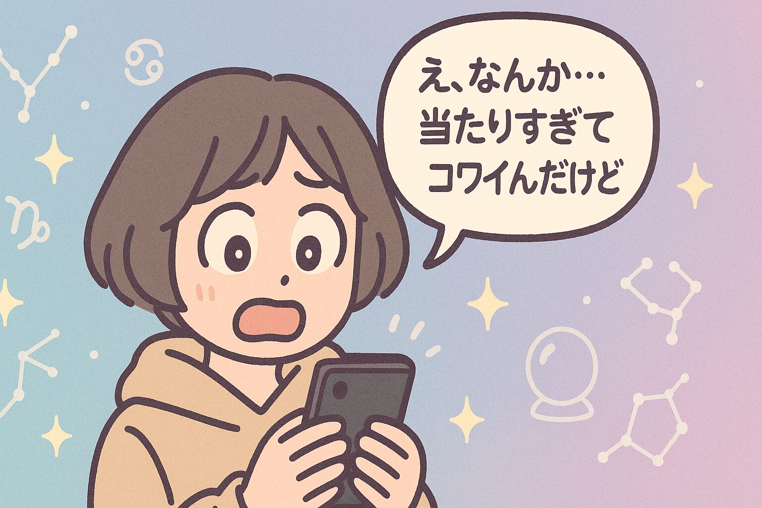 スマホの占い結果に驚き「え、なんか…当たりすぎてコワイんだけど」とつぶやく中性的な人物。パステル調の背景に星座アイコンや水晶玉がふんわり浮かぶポップなイラスト