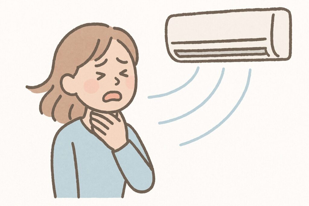 エアコンの風で喉を押さえて痛そうにしている人のイラスト