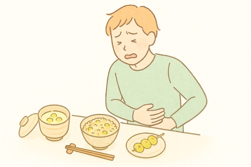 ぎんなんを食べすぎてお腹を押さえる人物と銀杏料理のイラスト