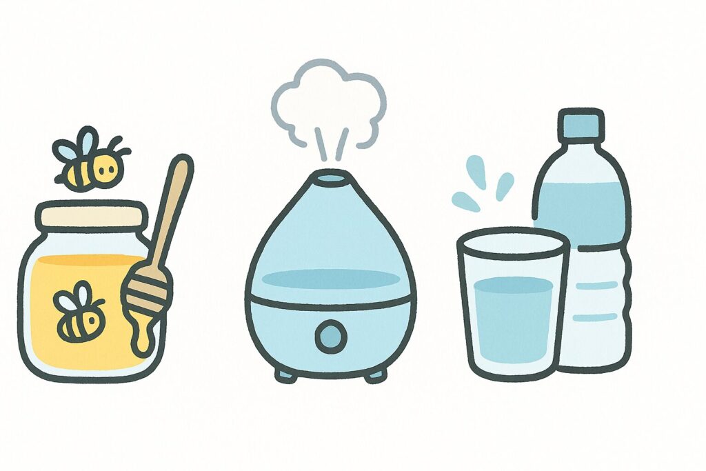 はちみつ・加湿器・水分補給のイラスト。喉の乾燥や痛み対策のイメージ。