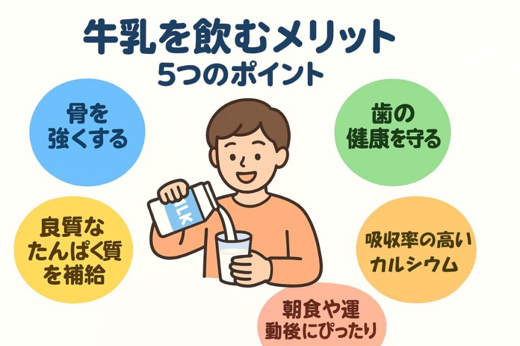 牛乳を飲むメリットを示すイラスト
