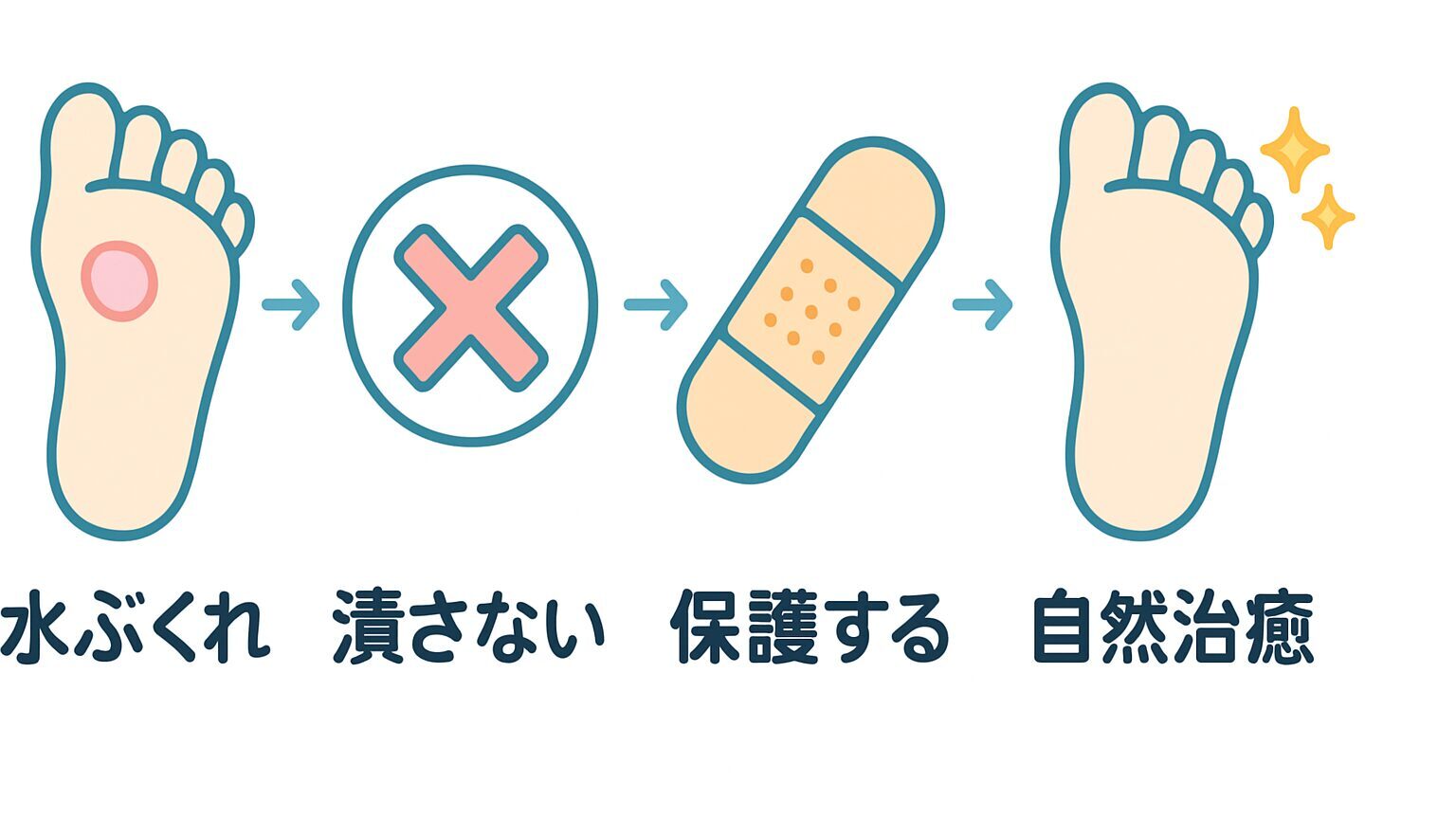 水ぶくれを潰さずに保護し、自然治癒までの流れを示したフロー図