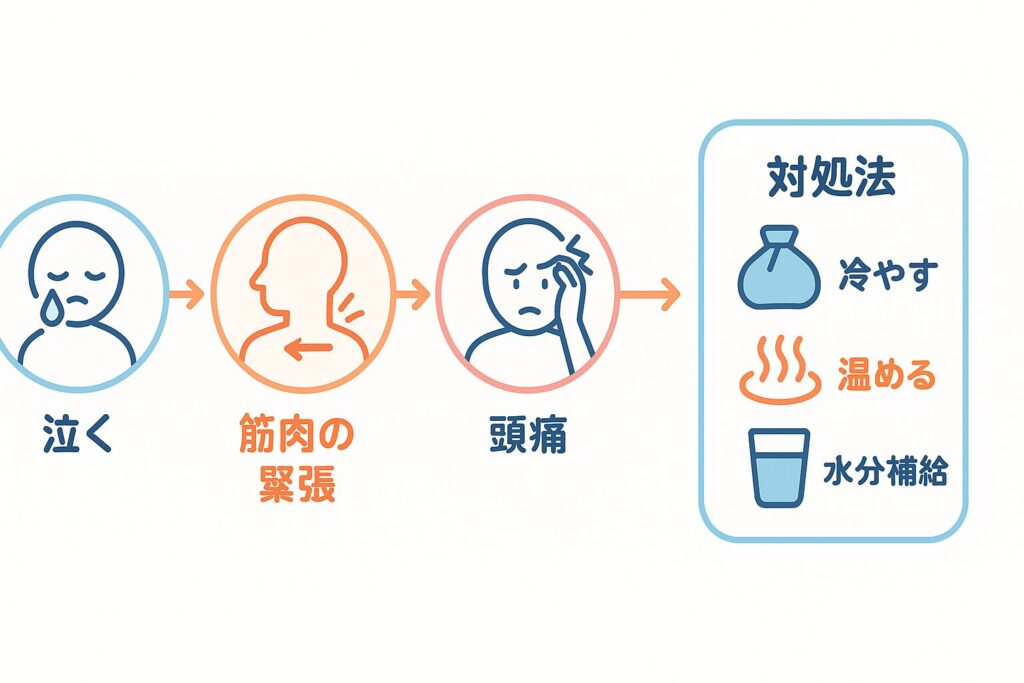 泣く→筋肉の緊張→頭痛の流れと、冷やす・温める・水分補給による対処法を示す図解