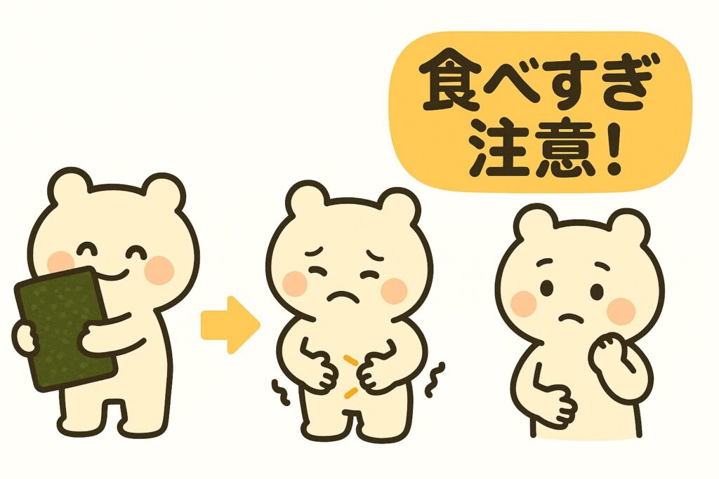 のりを食べすぎてお腹を押さえるクマのキャラクター。左からのりを食べる→お腹が痛い→心配そうな表情と続き、吹き出しに『食べすぎ注意!』と書かれているイラスト