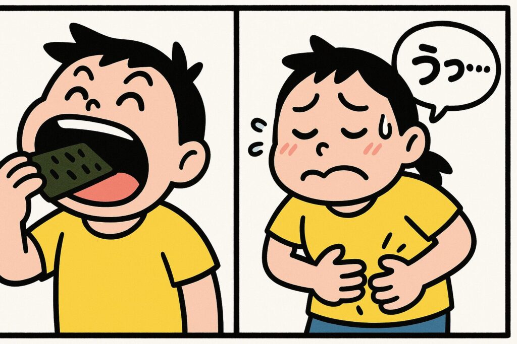 のりを大きな口で食べる子供と、その後お腹を押さえて苦しそうに『うっ…』とつぶやく子供のイラスト