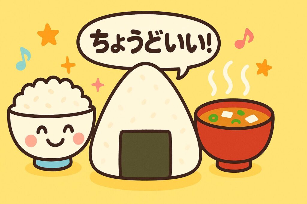 ご飯茶碗、おにぎり、味噌汁が並んだイラスト。おにぎりに少量ののりがついていて、吹き出しで『ちょうどいい!』と書かれている