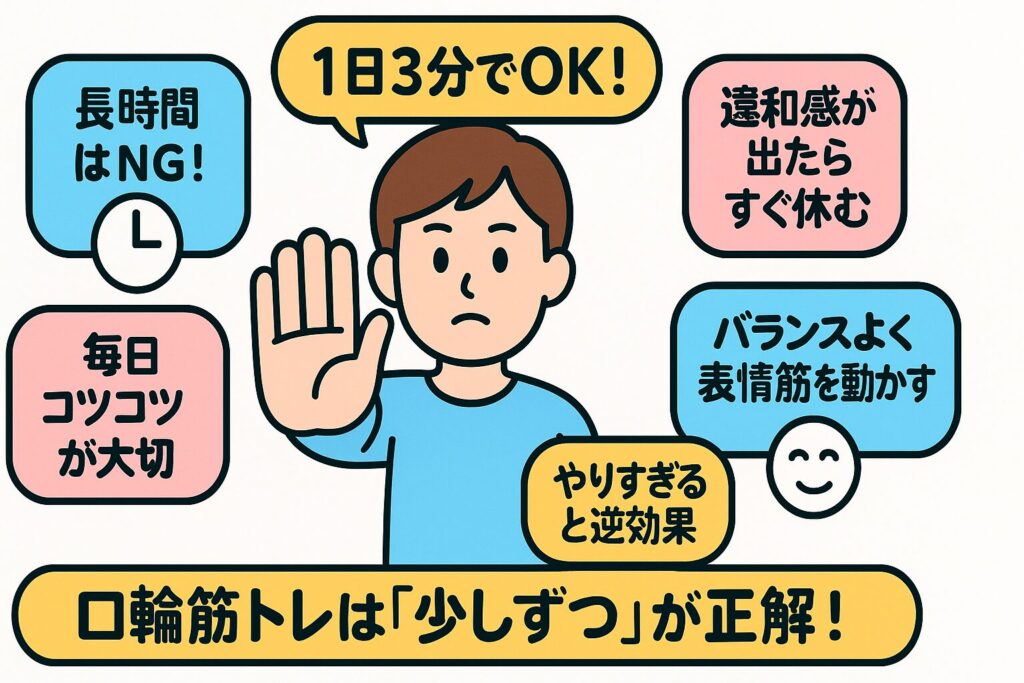 口輪筋トレーニングはやりすぎ注意を伝えるイラスト