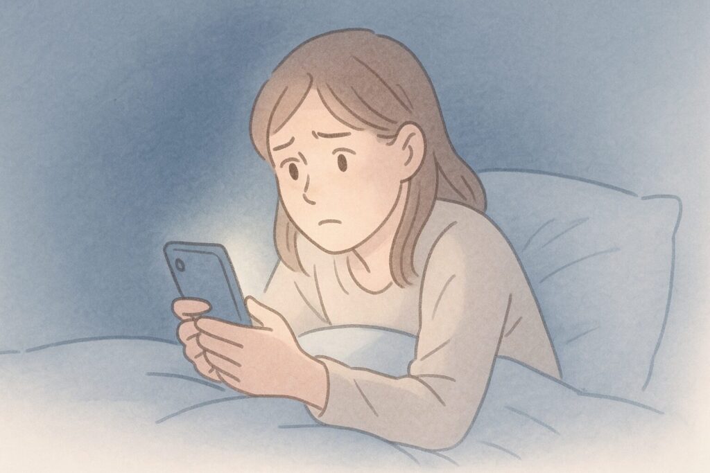 ベッドの上でスマホを握りしめ、不安そうに検索している女性のイラスト