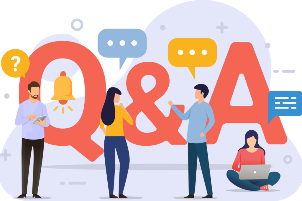 Q&Aの大きな文字と吹き出しアイコンの前で会話や作業をしている人々のイラスト