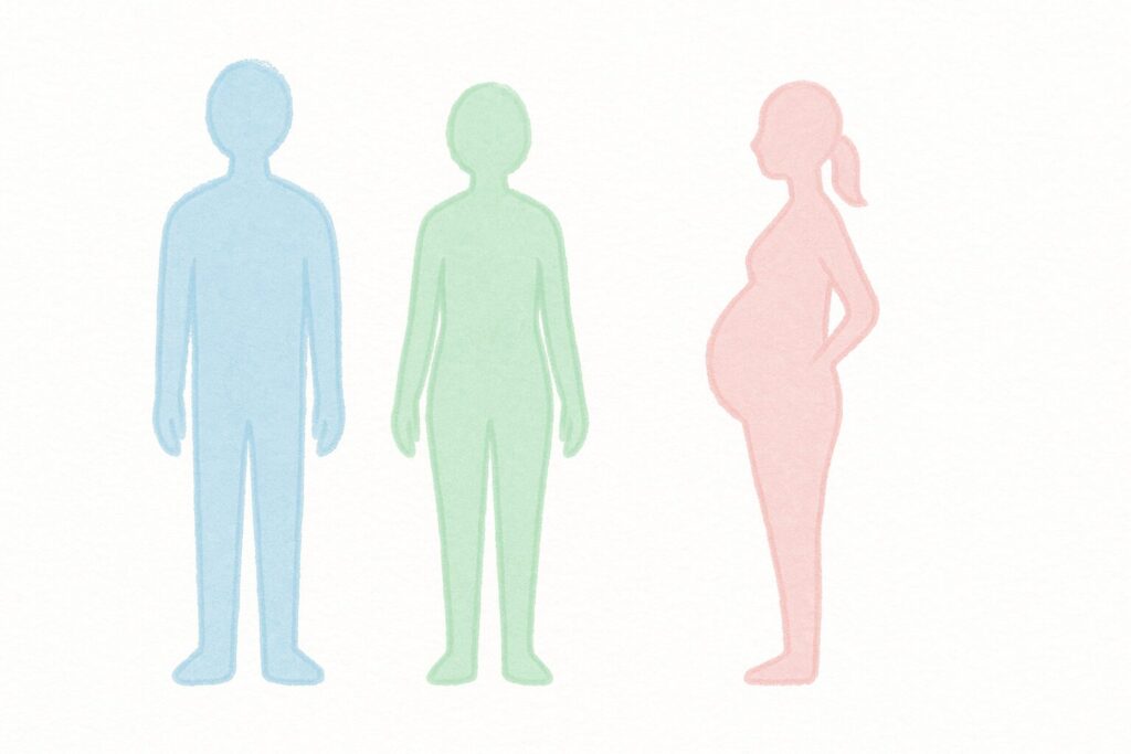 男性・女性・妊婦のシルエットを並べたシンプルなイラスト