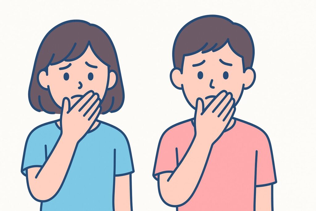 口元を手で押さえて悩んでいる若い男女のイラスト